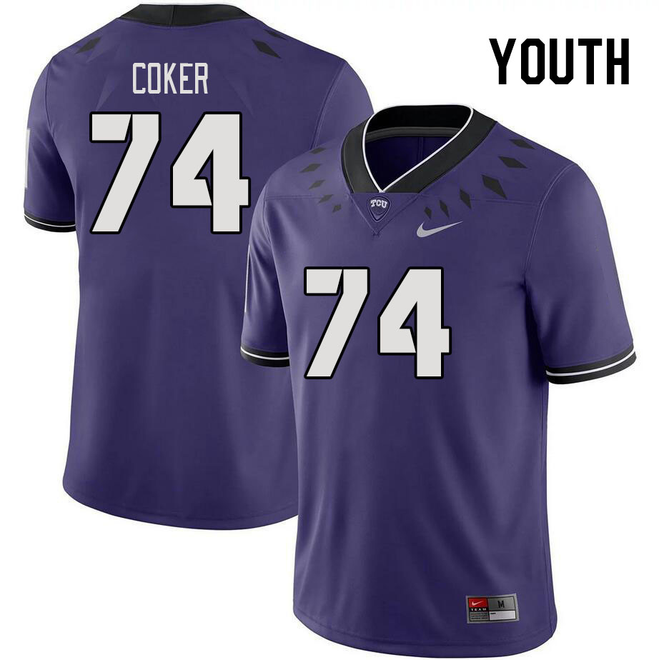 Youth #74 Andrew Coker TCU Horned Frogs 2023 College Footbal Jerseys Stitched-Purple